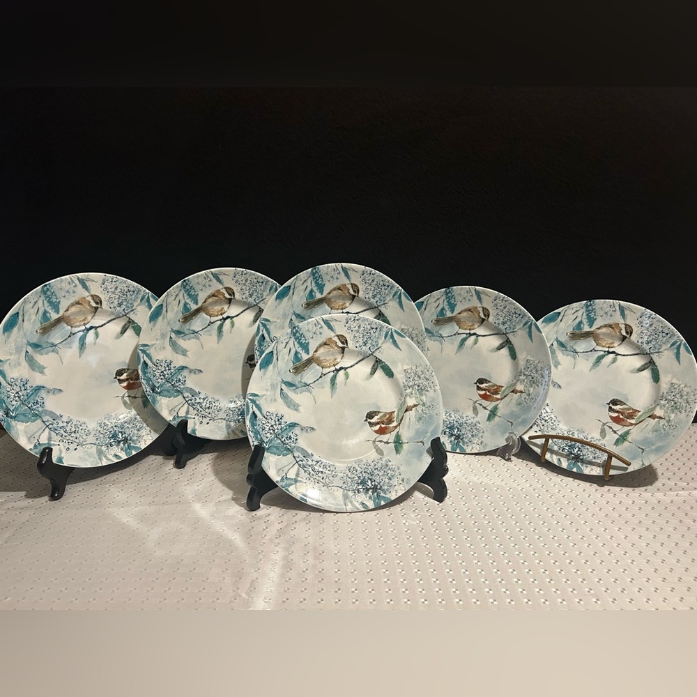 222 FIFTH Fine Porcelain Tilly 8 1/2" Salad Plate Birds Chickadee Trees Set Of 6